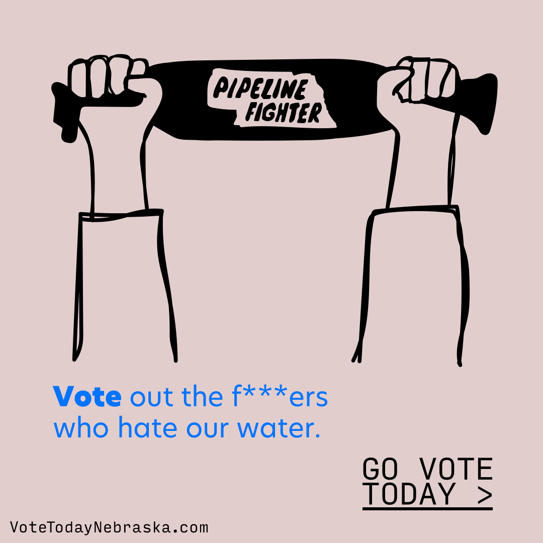 Drawing of arms raised with a Pipeline Fighters bandana. Vote out the f***ers who hate our water.