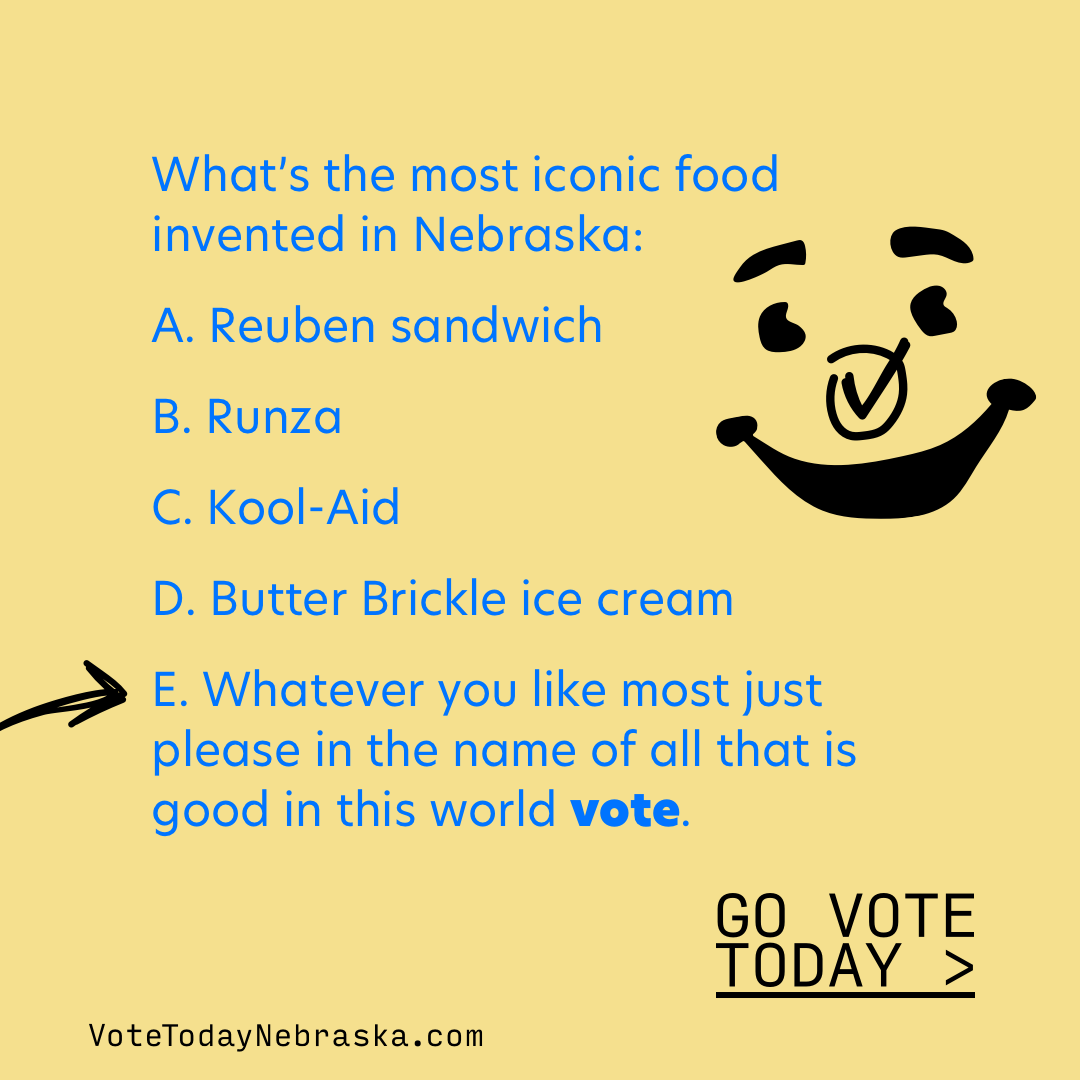 Drawing of a Kool-Aid smile. What's the most iconic food invented in Nebraska? Whatever you like most just please in the name of all that is good in this world vote.