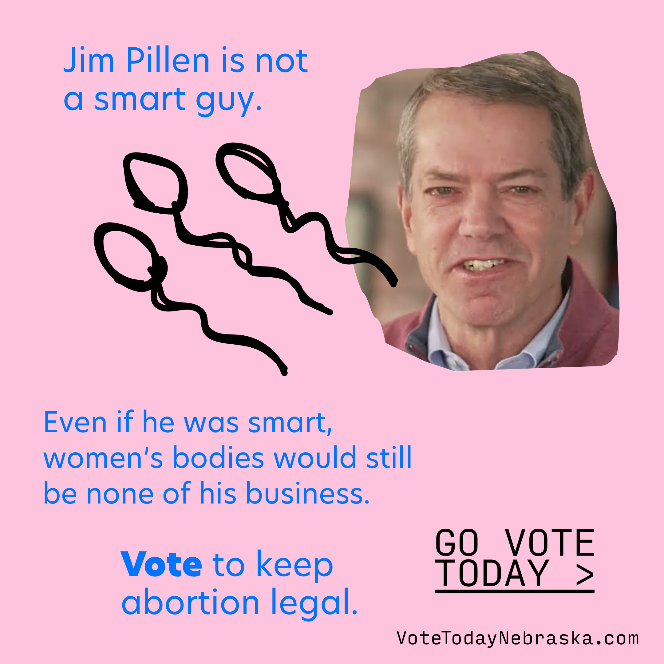 Jim Pillen next to drawings of sperm. Jim Pillen is not a smart guy. Even if he was smart, women's bodies would still be none of his business. Vote to keep abortion legal. Go Vote Today >