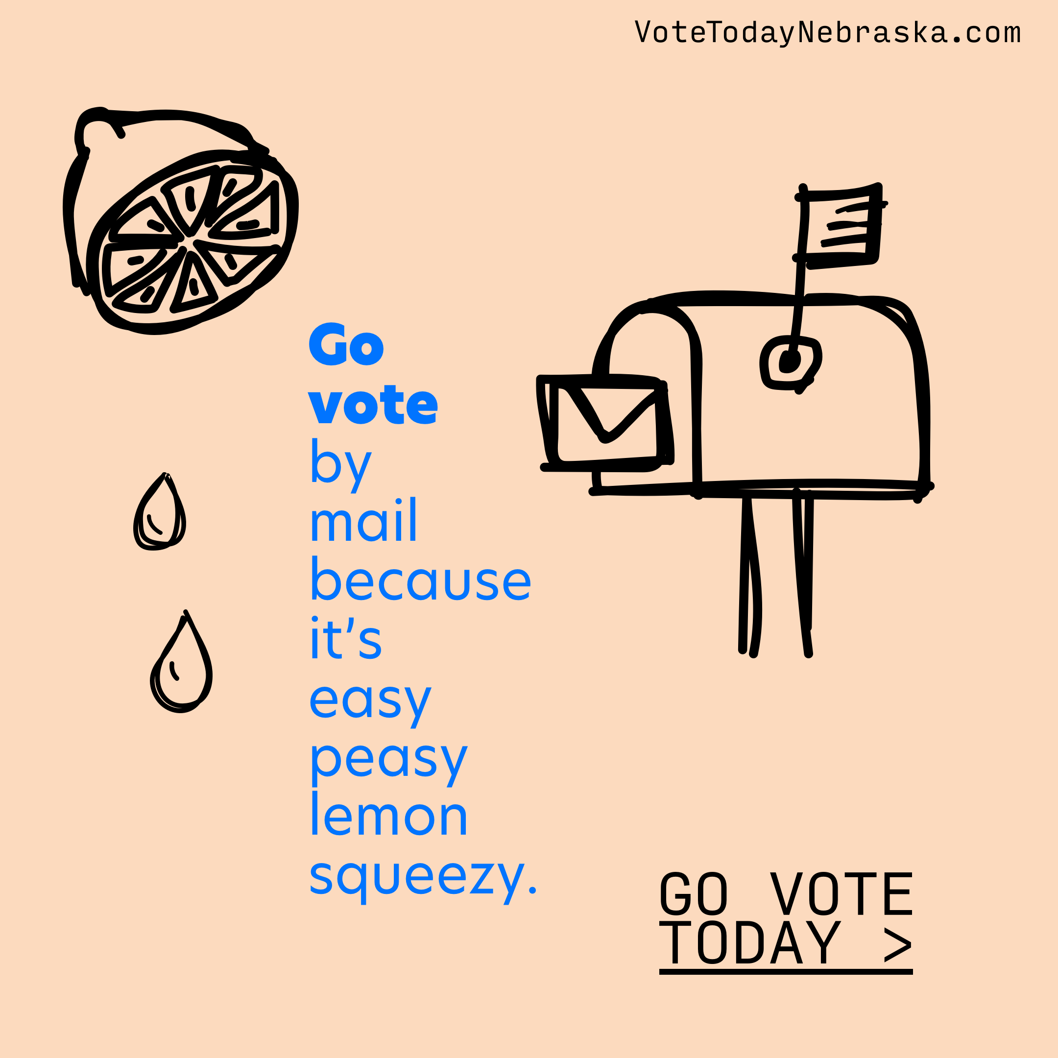 Drawing of a lemon and a mailbox. Go vote by mail because it's easy peasy lemon squeezy. Go Vote Today >